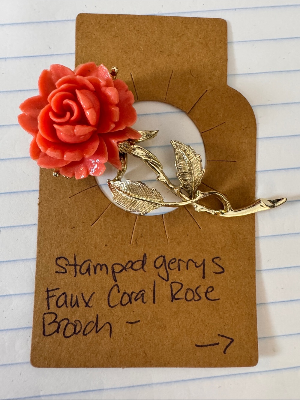 Gold-Tone Faux Coral Rose Brooch - Stamped Gerrys